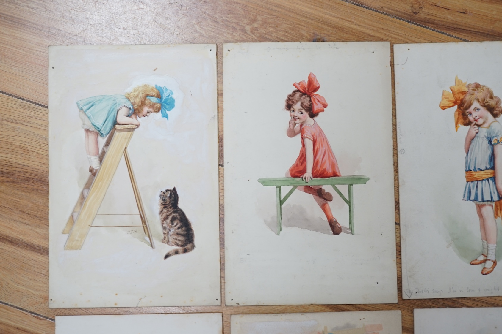 Charles Thomas Howard (1865-1942), set of six original watercolours for postcard designs, Studies of children, two signed, unframed, 20.5 x 14cm. Condition - fair, pin holes to the corners